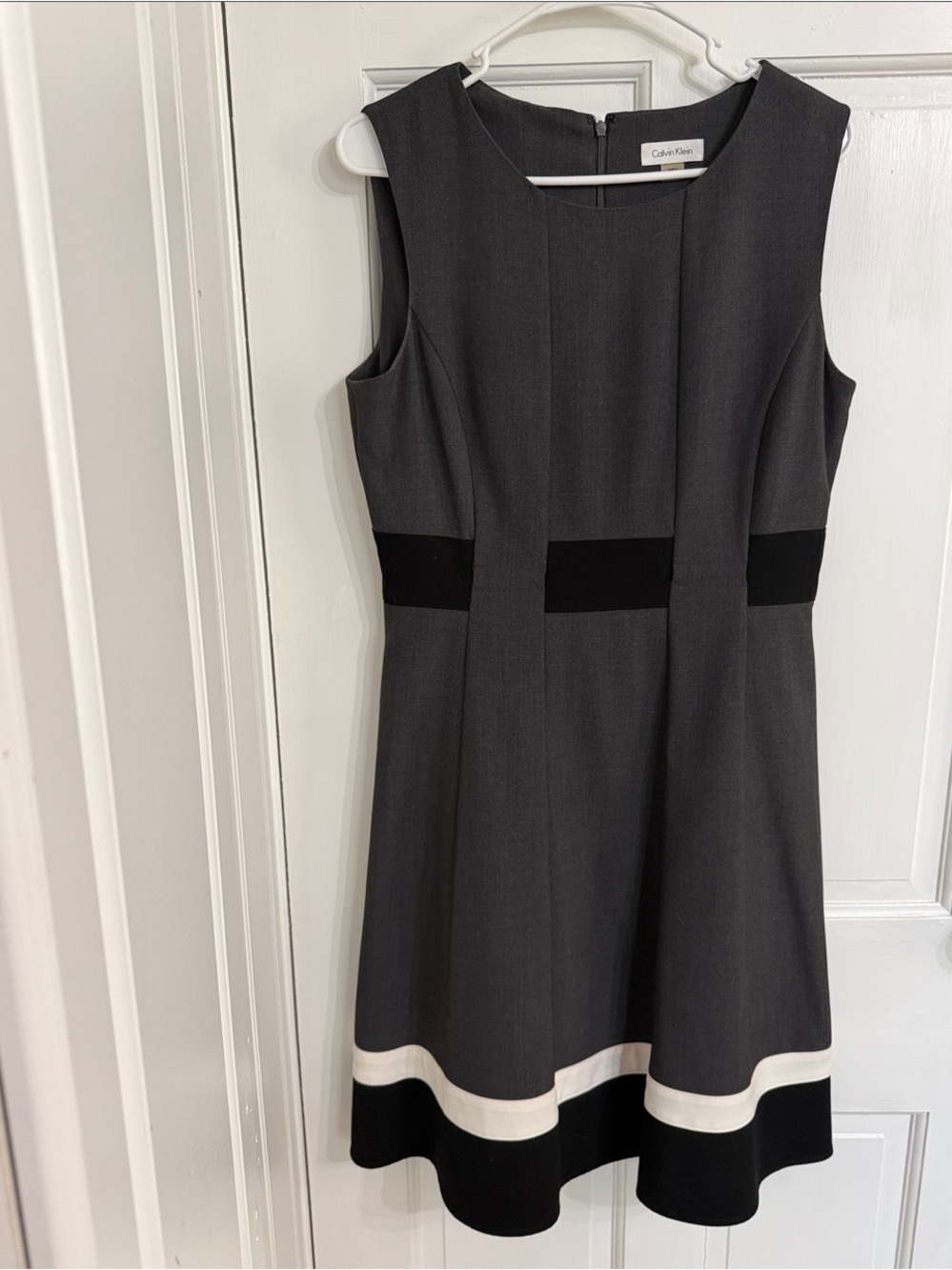 Calvin Klein Charcoal Gray Sleeveless Midi Dress with Black & White Trim